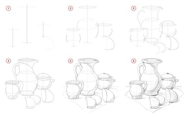 How to draw still life with Baltic ceramic dishes. Creation step by step pencil drawing. Educational page for artists. School textbook for developing artistic skills. Hand-drawn vector image. clipart