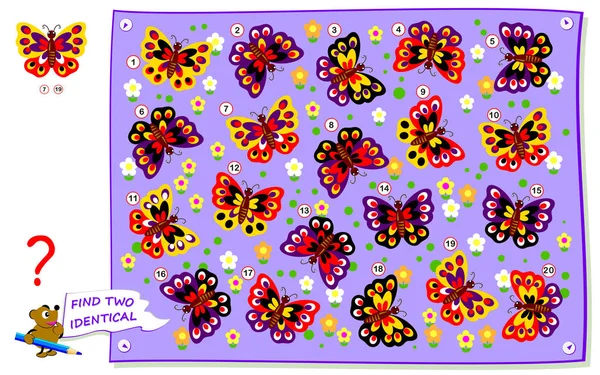 Logisches Puzzlespiel Für Kinder Und Erwachsene Müssen Zwei Identische Schmetterlinge — Stockvektor