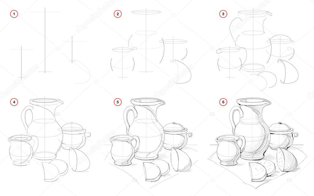 How to draw still life with Baltic ceramic dishes. Creation step by step pencil drawing. Educational page for artists. School textbook for developing artistic skills. Hand-drawn vector image.