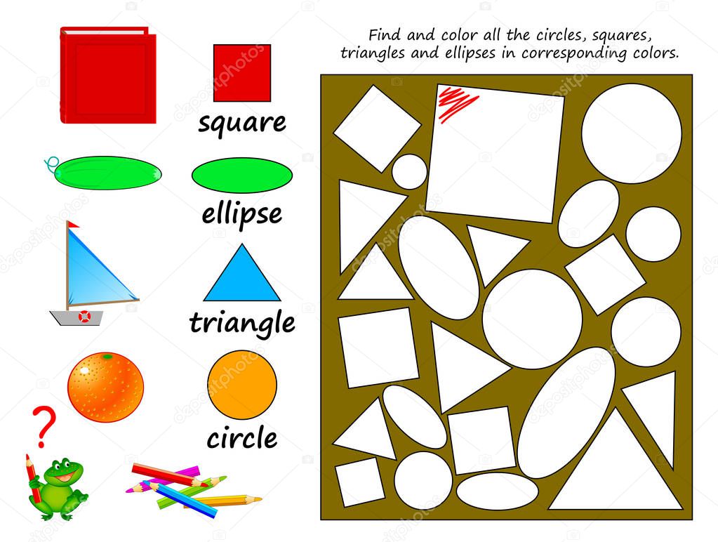 Educational page for kids to study geometrical figures. Find and color all circles, squares, triangles and ellipses in corresponding colors. Printable worksheet for children. School math textbook.