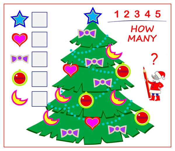 Çocuklar Yetişkinler Için Mantıksal Bulmaca Oyunu Noel Ağacındaki Oyuncakları Say — Stok Vektör