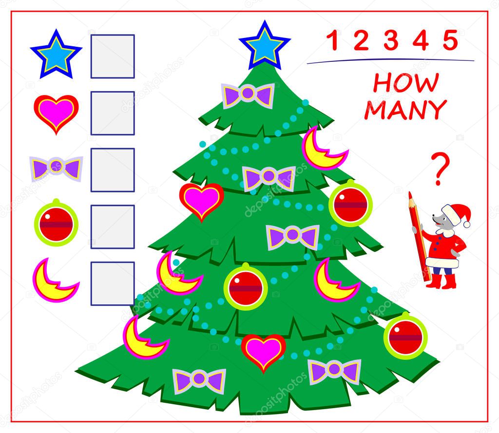 Logic puzzle game for children and adults. Count quantity of toys in Christmas tree and write numbers in squares. Kids math education. Developing counting skills. Printable worksheet for textbook.