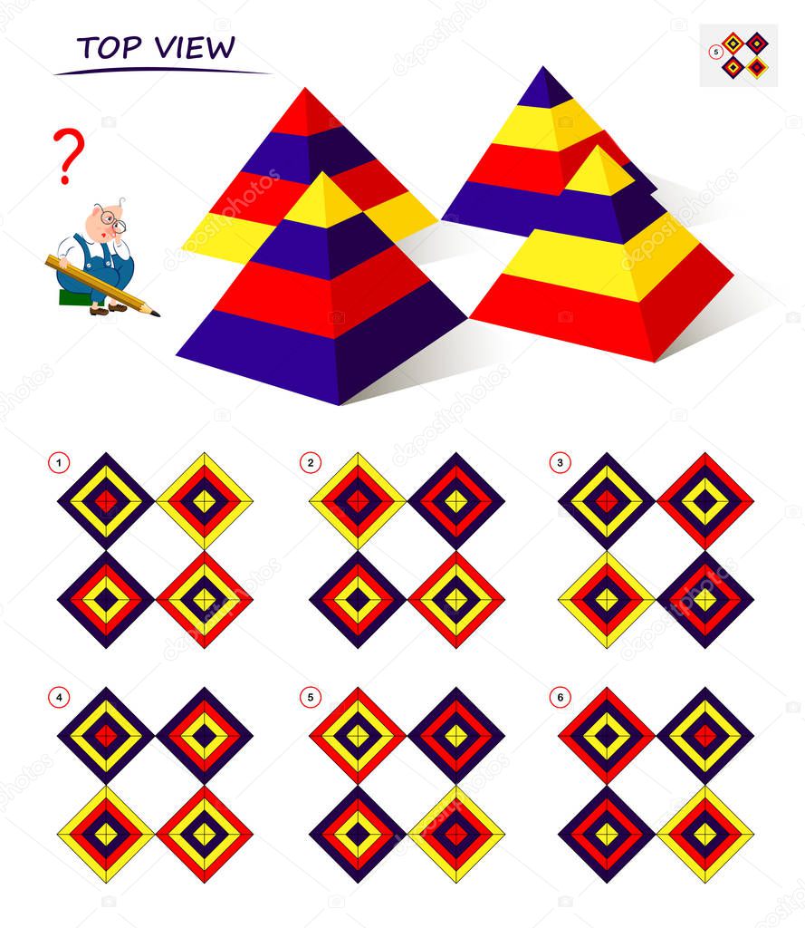Logical puzzle game for children and adults. Find the correct top view of the pyramids. Printable page for kids brain teaser book. Developing spatial thinking skills. IQ training test. Vector image.