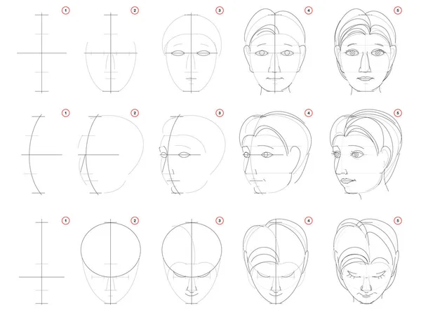 Como Desenhar Esboço Cabeça Humana Posições Diferentes Criação Passo Passo — Vetor de Stock