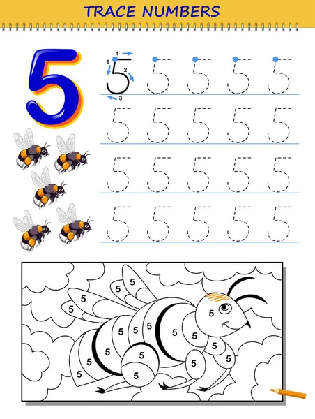 5号学生的教育网页 儿童课本的可打印工作表 发展计数 书写和跟踪技能 婴儿彩色书 回学校去 矢量图像 — 图库矢量图片