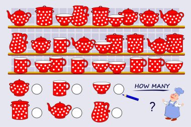 Küçük çocuklar için matematik eğitimi. Aşçıya her tabağın miktarını saymasında ve rakamları yazmasında yardım et. Sayma becerileri geliştiriyorum. Okul kitabı için basılabilir çalışma kâğıdı. Vektör karikatür resmi.