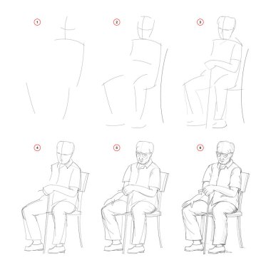 How to draw from nature sketch of sitting old man. Creation step by step pencil drawing. Educational page for artists. School textbook for developing artistic skills. Hand-drawn vector image. clipart