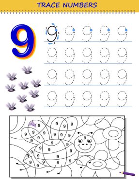 9 numaralı çocuklar için eğitim sayfası. Çocuk ders kitabı için basılabilir çalışma tablosu. Sayma, yazma ve izleme becerileri geliştiriyor. Bebek boyama kitabı. Okula dönelim. Vektör resmi.