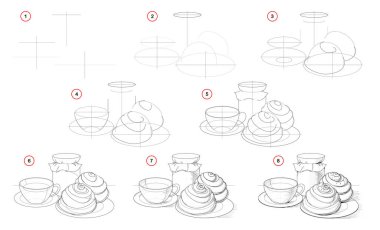 How to draw step-wise still life with cup of tea and tasty cakes. Creation step by step pencil drawing. Educational page for artists. Textbook for developing artistic skills. Hand-drawn vector image. clipart