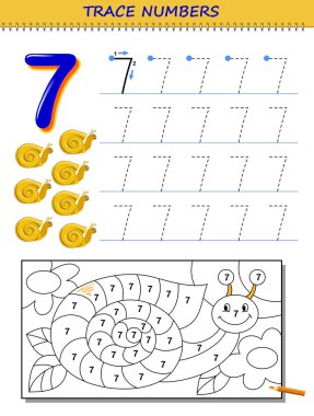 Educational page for kids with number 7. Printable worksheet for children textbook. Developing skills of counting, writing and tracing. Baby coloring book. Back to school. Vector image. clipart