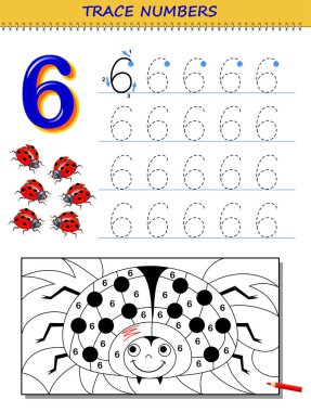 Educational page for kids with number 6. Printable worksheet for children textbook. Developing skills of counting, writing and tracing. Baby coloring book. Back to school. Vector image. clipart