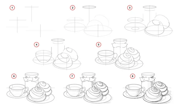 Como Desenhar Vida Tranquila Gradual Com Xícara Chá Bolos Saborosos —  Vetores de Stock