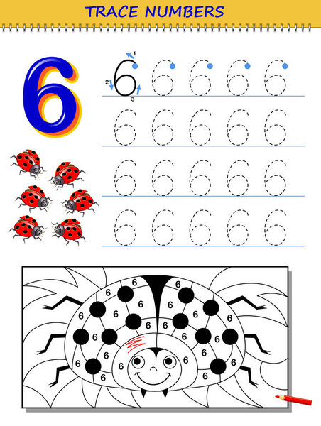 Educational page for kids with number 6. Printable worksheet for children textbook. Developing skills of counting, writing and tracing. Baby coloring book. Back to school. Vector image.