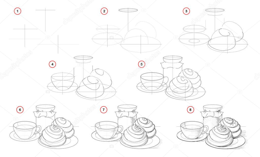 How to draw step-wise still life with cup of tea and tasty cakes. Creation step by step pencil drawing. Educational page for artists. Textbook for developing artistic skills. Hand-drawn vector image.