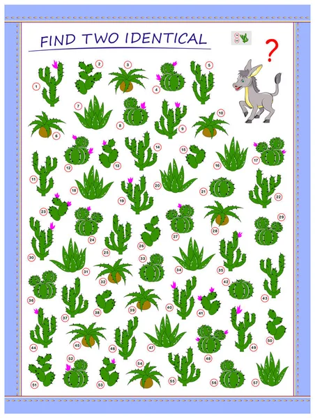 Ayuda Burro Encontrar Cactus Idénticos Lógica Juego Puzzle Para Niños — Vector de stock