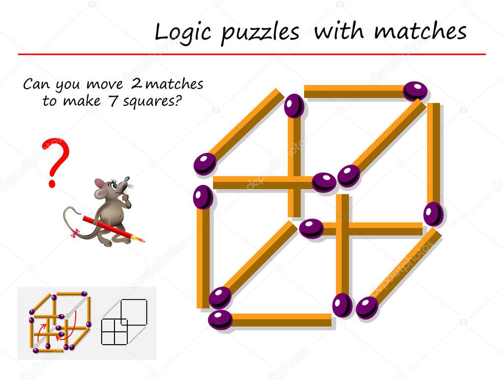 Logic puzzle game with matches for children and adults. Can you move 2 matchsticks to make 7 squares? Printable page for brain teaser book. IQ training test. Developing spatial thinking skills.