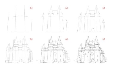 Kalem çizimi. Ortaçağ şövalye kalesinin taslağını doğadan adım adım çizmek. Sanatçılar için eğitim sayfası. Sanatsal becerileri geliştirmek için bir ders kitabı. El çizimi vektör resmi.