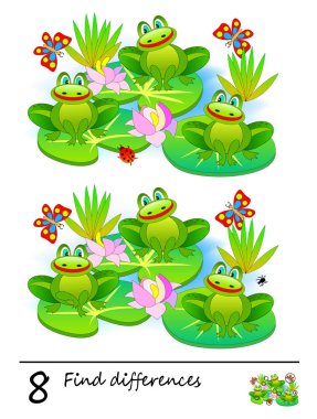 8 farklılık bul. Çocuklar ve yetişkinler için mantıksal bulmaca oyunu. Çocuk ders kitabı için basılabilir sayfa. Bataklıkta üç sevimli kurbağa. Sayma becerileri geliştiriyorum. IQ eğitim testi. Vektör karikatür resmi.