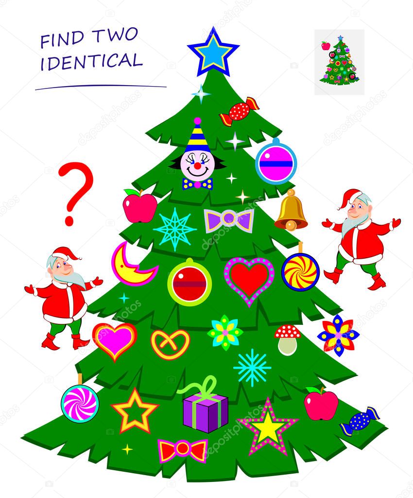 Find two identical toys in Christmas tree. Logic puzzle game for children and adults. Printable page for kids brain teaser book. Developing spatial thinking skills. IQ test. Vector cartoon image.