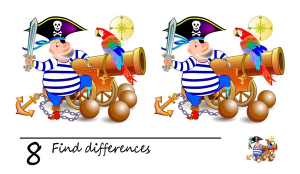Encuentra Diferencias Ilustración Lindo Pirata Cerca Del Arma Lógica Juego — Vector de stock