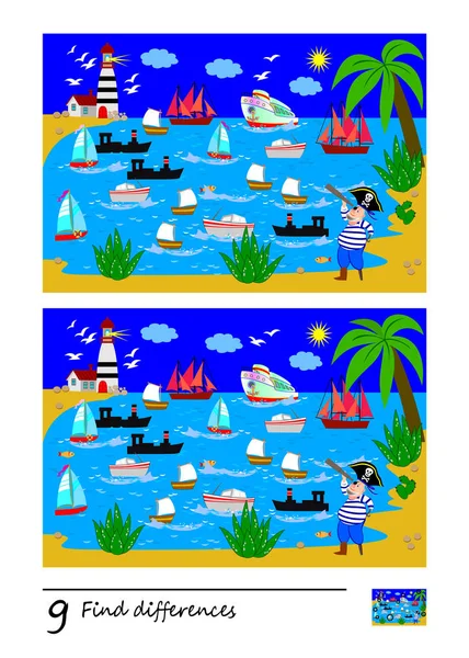 Najít Rozdílů Ilustrace Mořského Zálivu Pirátů Lodí Logická Puzzle Hra — Stockový vektor