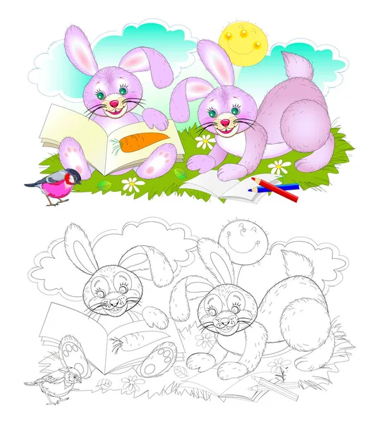 彩色的黑白相间的一页 用来给孩子们的书着色 举例说明两只可爱的兔子在学读书 儿童课本的可打印工作表 回学校去 手绘矢量图像 — 图库矢量图片
