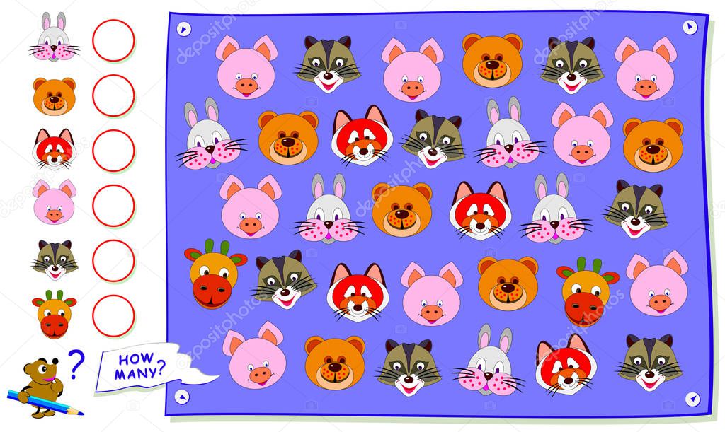 Educational worksheet for kids book. Count the quantity of animal heads and write the numbers in circles. Math education for children textbook. Logic puzzle game. Developing counting skills.