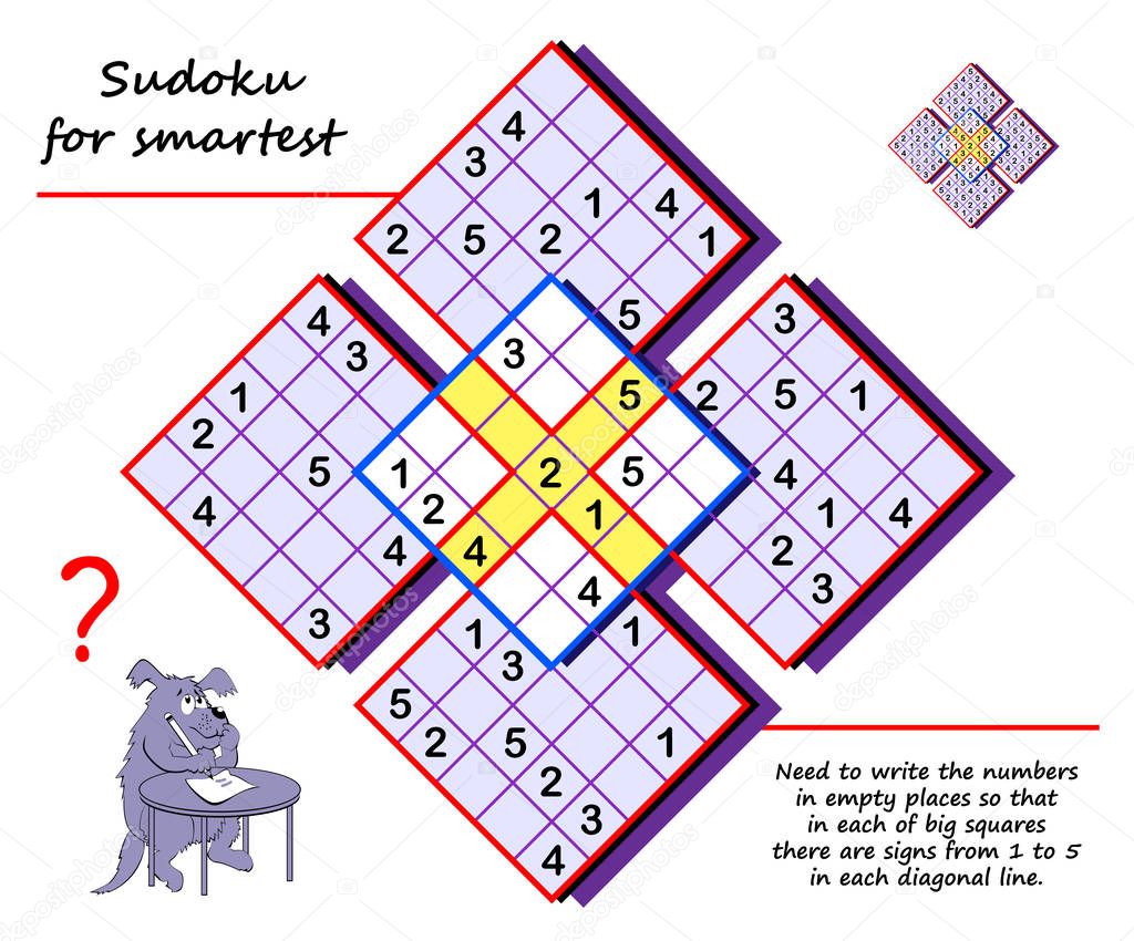 Logic Sudoku puzzle game for children and adults. Write numbers in empty places so that in each of big squares there are signs from 1 to 5 in each diagonal line. Printable page for brain teaser book.