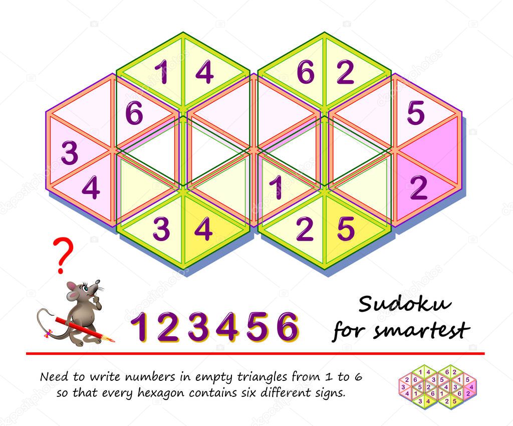 Logic puzzle game for the smartest. Need to write numbers in empty triangles from 1 to 6 so that every hexagon contains six different signs. Printable page for children brain teaser book. IQ test.
