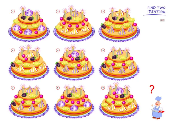 Logical Puzzle Game Children Adults Need Find Two Identical Cakes — 스톡 벡터