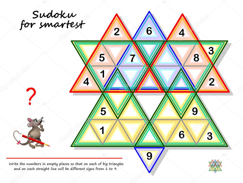 Logic Sudoku puzzle game for smartest. Write the numbers in empty places so that on each of big triangles  and on each straight line will be different signs from 1 to 9. Page for brain teaser book.