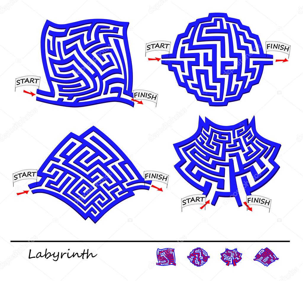 Logical puzzle game with labyrinth for children and adults. Set of little mazes. Find the way from start till finish. Printable worksheet for kids brain teaser book. IQ test. Vector cartoon image.