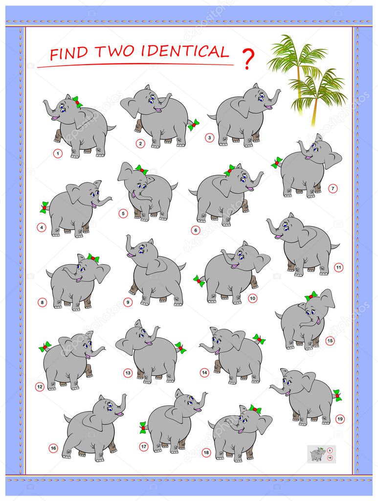 Logic puzzle game for children and adults. Need to find two identical elephants. Printable page for kids brain teaser book. Developing spatial thinking skills. IQ training test. Vector cartoon image.