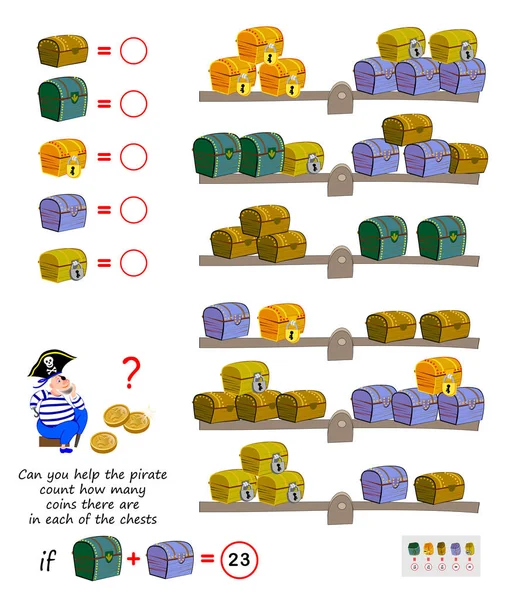 Математична Гра Головоломка Дітей Можете Допомогти Пірату Порахувати Скільки Монет — стоковий вектор