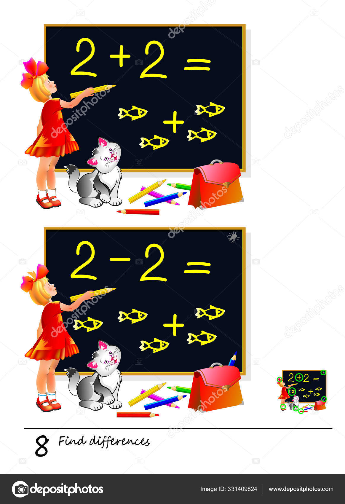 Encontre Diferenças Ilustração Menina Estudando Matemática Jogo