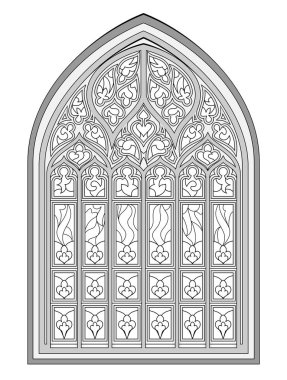 Boyama kitabı için siyah beyaz çizim. Fransız kiliselerinde güzel bir ortaçağ vitray penceresi. Batı Avrupa 'da gotik mimari tarzı. Çocuklar için çalışma çizelgesi. Fantezi vektör resmi.