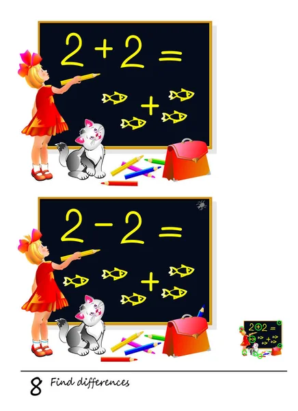 Знайдіть Відмінностей Ілюстрація Дівчини Яка Вивчає Математику Логічна Гра Головоломка — стоковий вектор