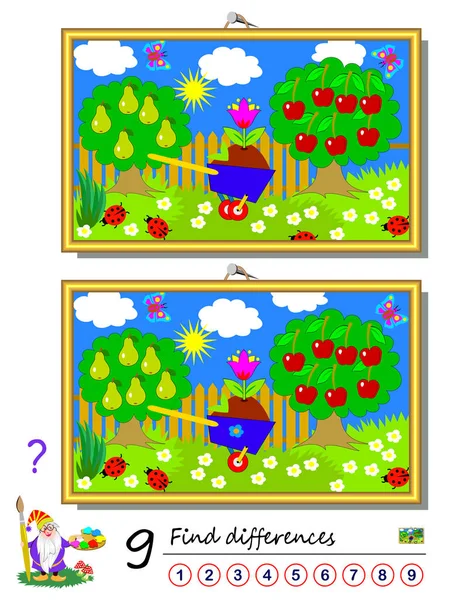 Encuentra Diferencias Ilustración Jardín Verano Lógica Juego Puzzle Para Niños — Vector de stock