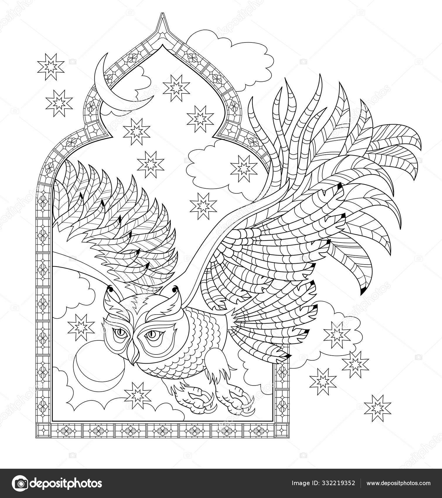Illustration Owl Flying Fairy Tale Window Black White Page Kids Stock  Vector by ©Nataljacernecka 332219352, image size:1509x1700