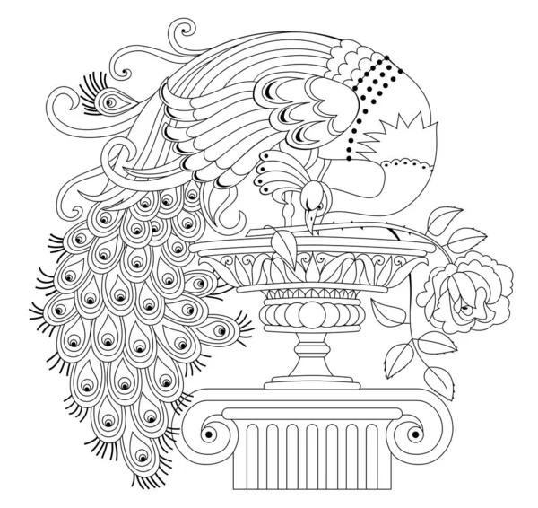 Illustration Beau Paon Avec Rose Vase Antique Page Noir Blanc — Image vectorielle