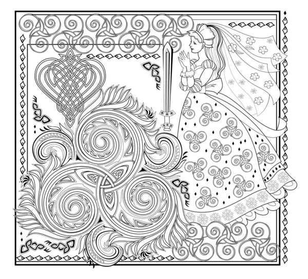 Dibujo Fantasía Hermosa Hada Celta Decoración Medieval Página Blanco Negro — Vector de stock