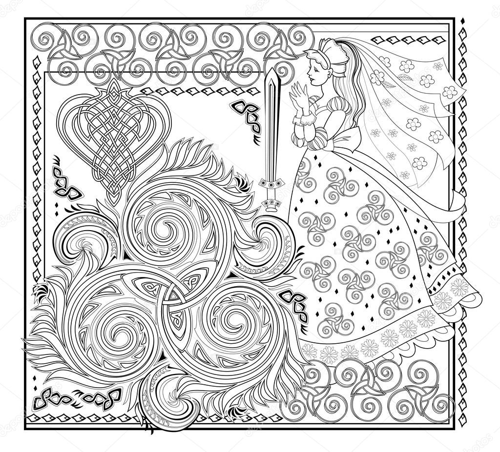 Fantasy drawing of beautiful Celtic fairy and medieval decoration. Black and white page for coloring book. Rich ornate background. Middle ages princess from Breton fairy tale. Hand-drawn vector image.