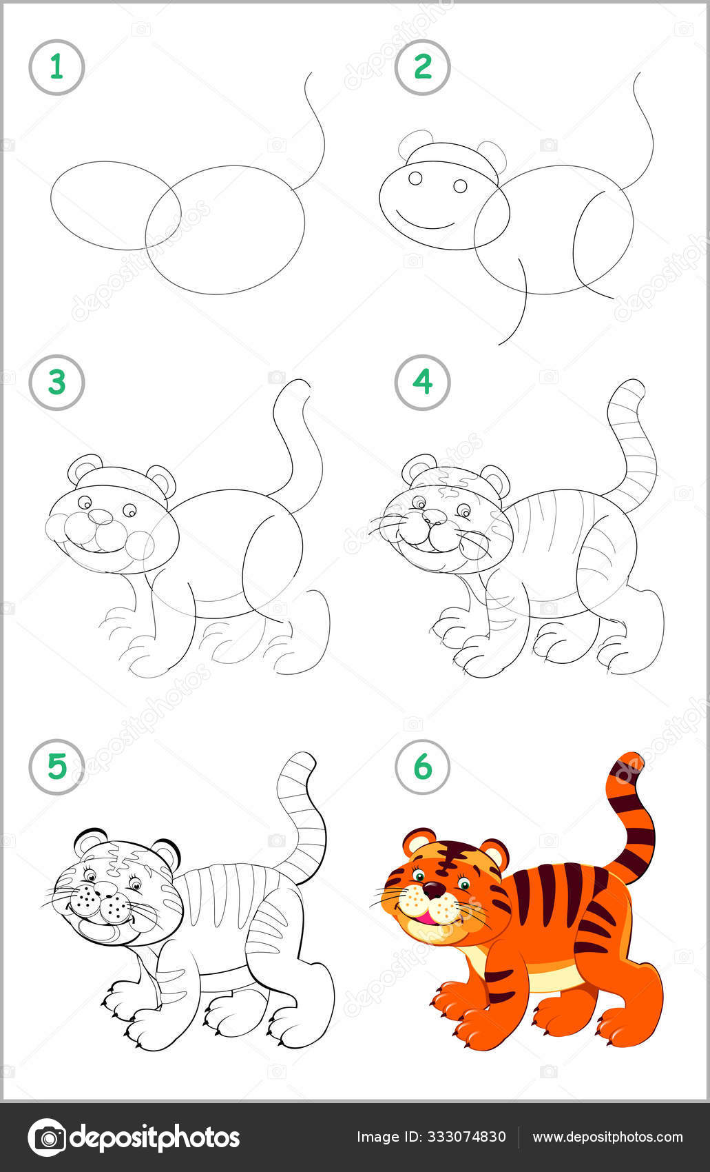 How Draw Step Step Cute Little Toy Tiger Educational Page Stock