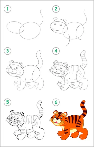 Como Desenhar Passo Passo Pequeno Tigre Brinquedo Bonito Página Educacional —  Vetores de Stock