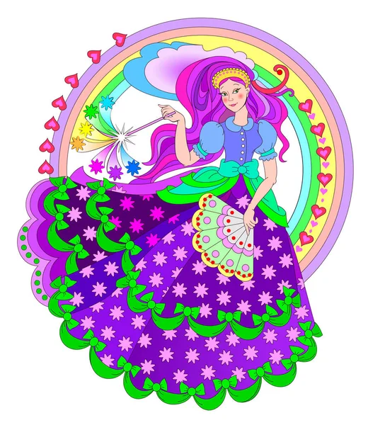 Illusztráció Gyönyörű Tündérország Hercegnő Varázspálcával Ventilátorral Könyvborító Gyerekeknek Tündérmese Nyomtatás — Stock Vector