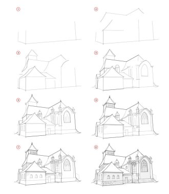 How to draw step by step sketch of imaginary medieval architectural building. Creation pencil drawing. Educational page for artists. Textbook for artistic skills. Hand-drawn vector by graphic tablet.