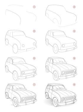 How to draw step by step sketch of imaginary cute little car. Creation pencil drawing. Educational page for artists. Textbook for artistic skills. Hand-drawn vector by graphic tablet.