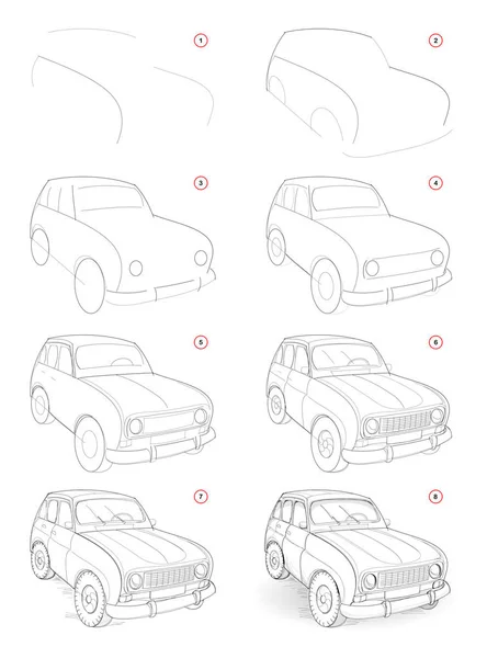Jak Narysować Krok Kroku Szkic Urojonego Małego Samochodu Tworzenie Rysunku — Wektor stockowy