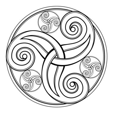Fantasy drawing of amazing Celtic disk ornament of scrolling trickle symbol. Breton folk ethnic sign. Printable black and white template for print, logo or icon. Geometric circle triple spiral.