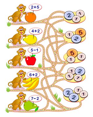 Çocuklar için matematik eğitimi. Örnekler çöz, her meyvenin fiyatını say ve doğru paralara kadar yolu çiz. Toplama ve çıkarma üzerine alıştırmalar. Çocuk kitabı için basılabilir çalışma kağıdı. Mantık bulmacası.